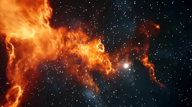 Fantasy animation scene cosmic inferno. A breathtaking view of a fiery nebula, swirling clouds of vibrant orange and red against a backdrop of countless stars, creating a dramatic and awe-inspiring ce