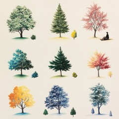 Fototapeta premium Nine Colorful Trees And A Person Sitting Beneath One