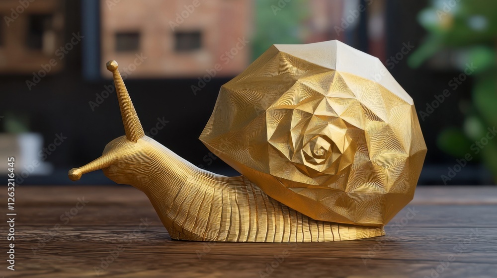 Poster a unique low-poly golden snail, shining with intricate faceted shell details.