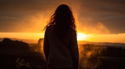 Golden hour contemplation, A silhouette gazes into a radiant sunset horizon