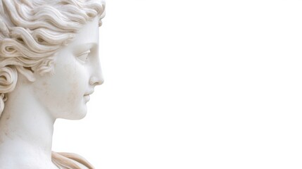 Side profile of white marble statue of woman against blank backdrop medspa skincare wellness brand website background, banner, blog cover copy space
