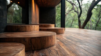 Fototapeta premium A serene wooden interior with circular steps leading to a natural outdoor space, surrounded by greenery and modern architectural elements.