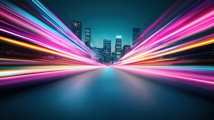 Fototapeta premium Neon lights in a bustling city at night, blurring into abstract streaks of color, capturing the vibrant energy and constant motion of urban life after dark.