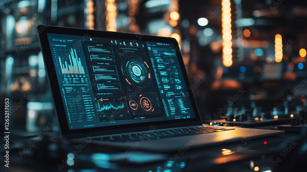 Poster modern laptop screen displays data analytics charts graphs technology cyber coding future growth