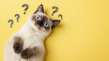 A curious cat with blue eyes lies on its back against a bright yellow background, surrounded by question marks, expressing confusion or curiosity.