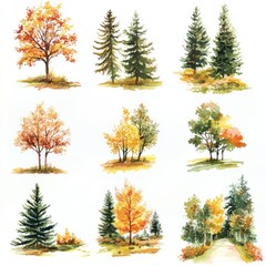 Fototapeta premium Watercolor Paintings of Autumn Trees and Evergreens