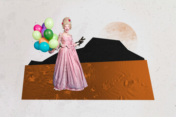 Trend artwork sketch photo collage of corset dress baroque style young lady wear wig stand hold air...
