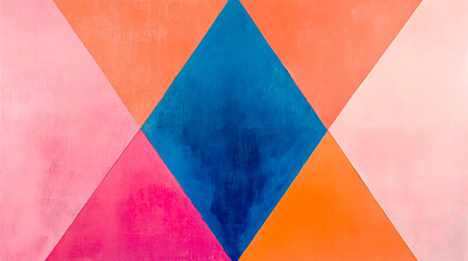Obraz premium A geometric design featuring three triangles in shades of pink, orange, and blue, arranged to form the shape of an isosceles triangle with one edge pointing upwards