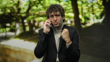 Young man in a park on a phone call exhibits determination wearing a turtleneck sweater and a...