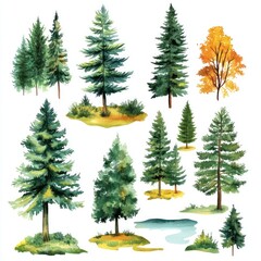 Fototapeta premium Watercolor Painting of Various Evergreen and Autumn Trees