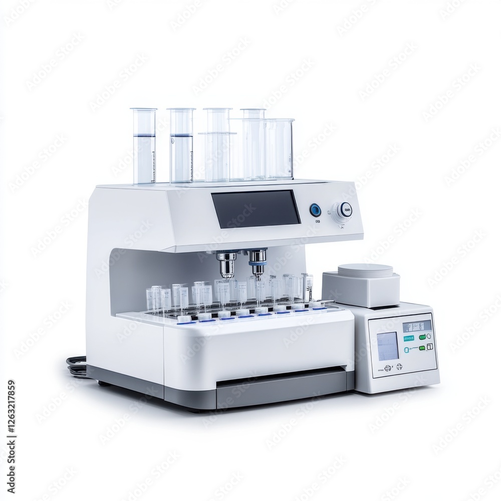 Poster laboratory apparatus for precise liquid measurements and analysis with multiple test tubes and digit