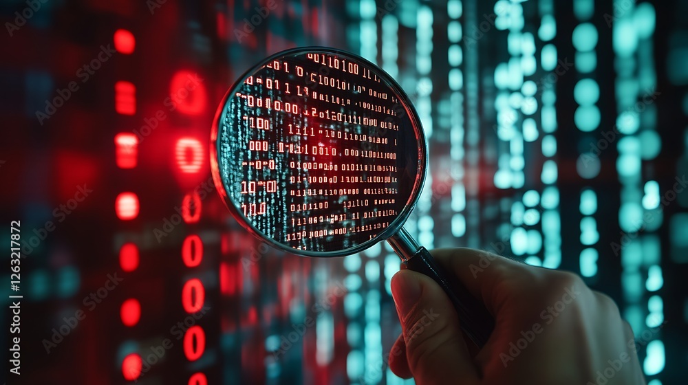 Poster magnifying glass reveals binary code on a screen.