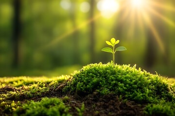 Tiny sprout emerging from moss, bathed in morning light