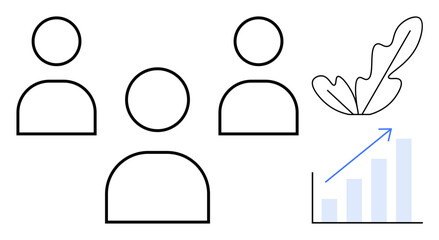 Simple outlined figures of three people, a leaf for lightness, and a bar graph with an upward arrow. Ideal for teamwork, collaboration, growth, progress, sustainability potential success. Abstract
