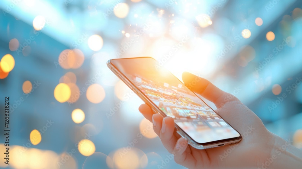 Poster a person browsing an online store on their smartphone, scrolling through product images and reading 
