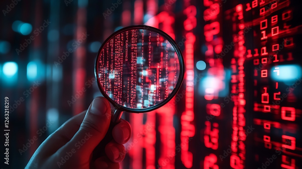 Poster hand holding magnifying glass over red binary code.