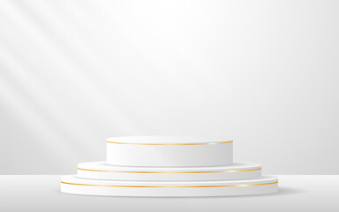 Multi-layered white podium with elegant gold lines for product presentation. Display of cosmetic products. Stage or podium. vector illustration	