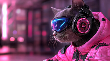 Naklejka premium Futuristic Cat in Vibrant Headset and Jacket Against a Neon Backdrop With Empty Space for Text