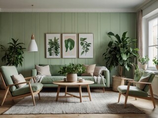 Green Living Room Decor With Plants And Wooden Furniture