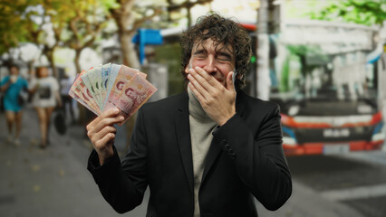 Man holding thai banknotes smiling at a bus stop in an urban street setting in thailand, capturing...