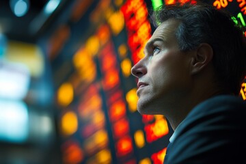 Obraz premium Stockbroker looking at electronic board displaying real-time stock market data, analyzing financial trends and making investment decisions