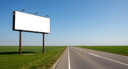 Blank Billboard Mockup on Roadside with Empty Sky and Green Fields