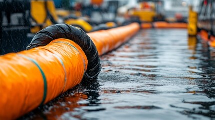 Equipment for oil spill response is prominently displayed, featuring bright containment booms resting on water.