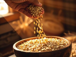 Adult man pouring barley grains into a wooden bowl