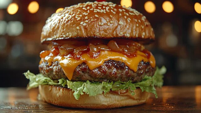 Gourmet cheeseburger with caramelized onions and fresh lettuce on a sesame bun.