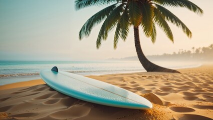 Surfboard lying on a golden beach, beneath the shade of a palm tree, ready for a surfing adventure.