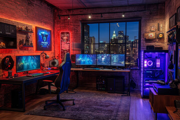 High-tech gaming room featuring multiple monitors, custom pc, and neon lights, overlooking a cityscape at night