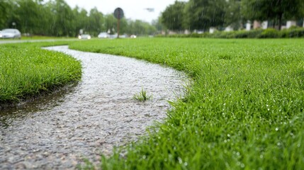 Obraz premium Rainy Day Roadside Ditch, Grassy Landscape, Calm Scene, Nature's Water Flow, Perfect for Stock