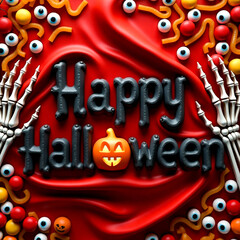happy halloween message with skeleton hands and candy on red background