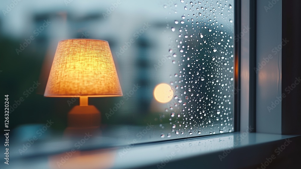 Aufkleber water droplets clinging to a window pane, reflecting the warm glow of a lamp inside, creating a cozy