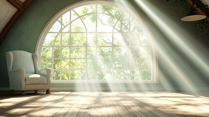 Golden sunlight streaming through a large arched window, illuminating a dusty attic room filled with antique furniture and forgotten treasures.