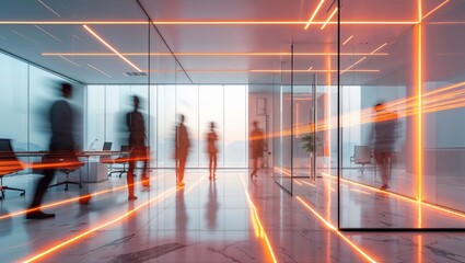 Blurred figures walk through a modern office space illuminated by orange light trails, symbolizing motion and innovation.
