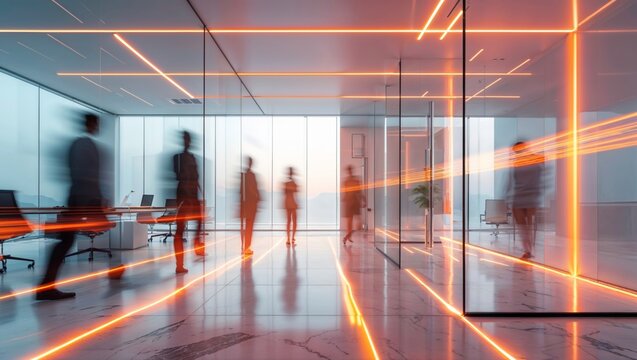 Blurred figures walk through a modern office space illuminated by orange light trails, symbolizing motion and innovation.