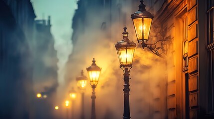 Foggy city street at night with vintage gas lamps. (1)