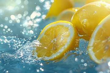 Fresh lemons splashing in clear water with vibrant bokeh background, ideal for food photography