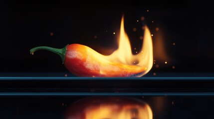 Fiery chili pepper igniting flames kitchen food dark background close-up culinary art