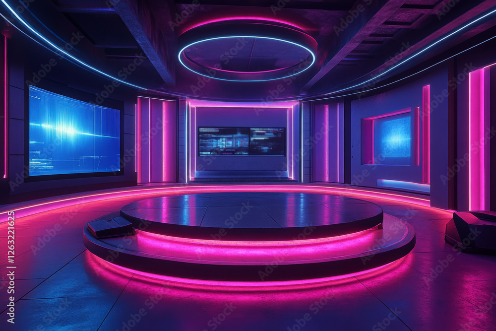 Aufkleber futuristic vr studio glowing with neon lights, featuring led screens displaying data visualizations