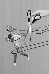 Vertical collage picture of arm hold scissors cut free untie mini black white colors guy isolated...