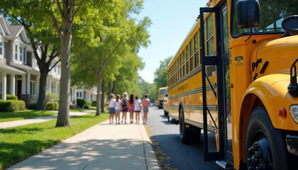 Obraz premium Bright yellow school bus parked on a suburban street with students waiting to board.