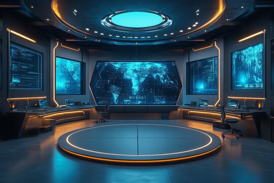 Futuristic command center displaying a world map and various data streams on multiple screens, suggesting advanced technological monitoring