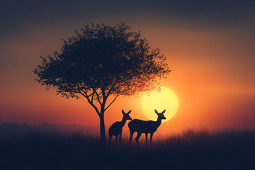 two deer standing in a field under a tree