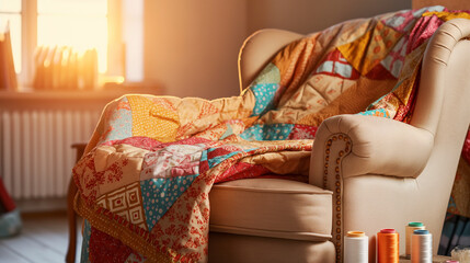 Handmade quilt draped over a cozy armchair in a warm, sunlit craft room, evoking nostalgia and comfort.