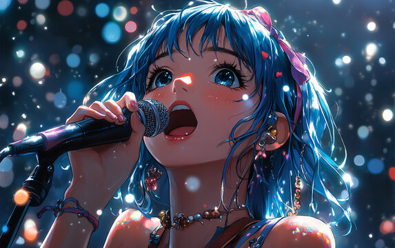 A vibrant anime idol performing on stage with dazzling lights, ideal for music events, fan conventions, or promotional materials for entertainment.