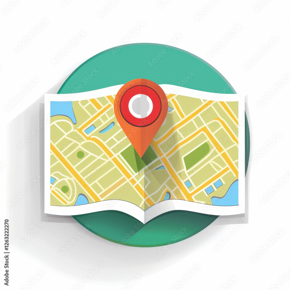 Poster folded map with location pin on green background, symbolizing navigation