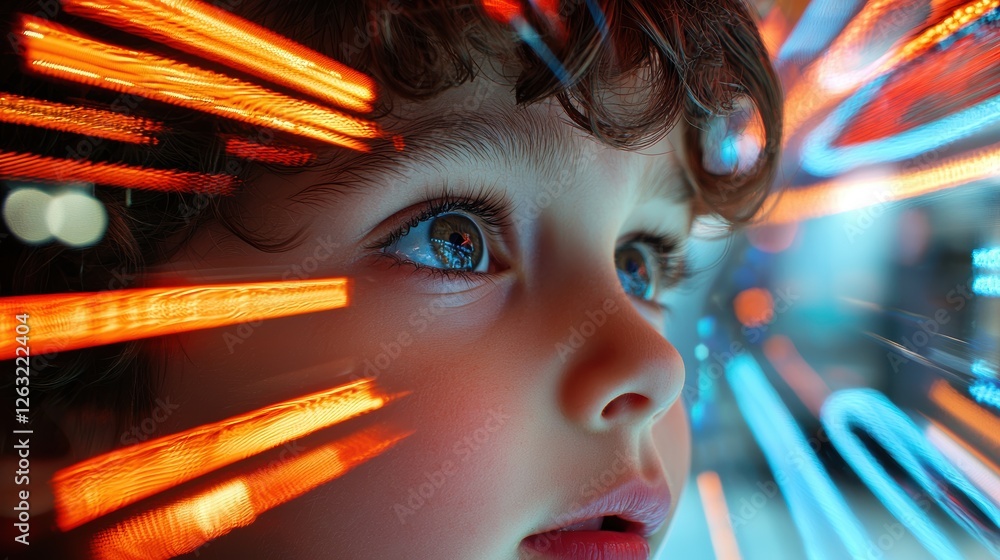 Poster a child distorted reflection in a funhouse mirror like window, evoking a sense of playfulness and am