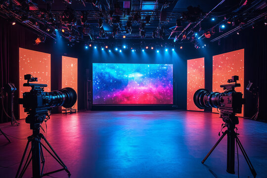 Two professional video cameras are recording a show in a modern television broadcasting studio with led screens displaying a galaxy